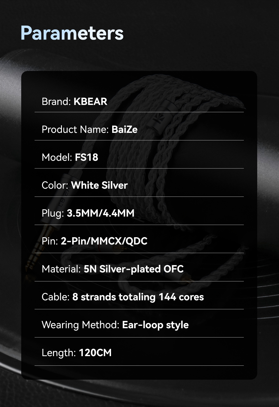 KBEAR Baize IEM Cable with 3.5mm 4.4mm Silver Plated Plug for KZ ZS10 ...