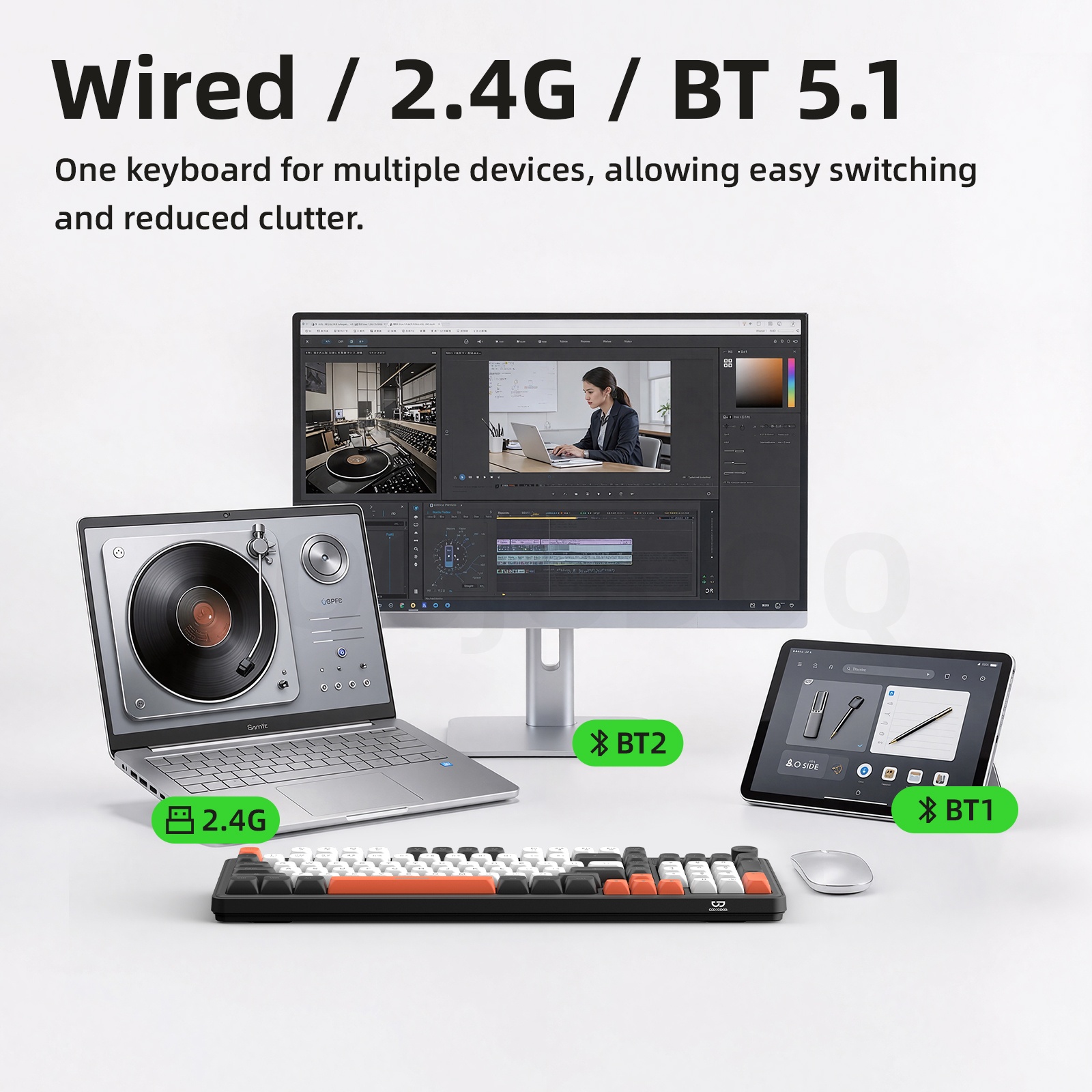 GOOJODOQ 98KEY Thin Film Keyboard Mechanical Touch for Bluetooth 2.4GHz ...