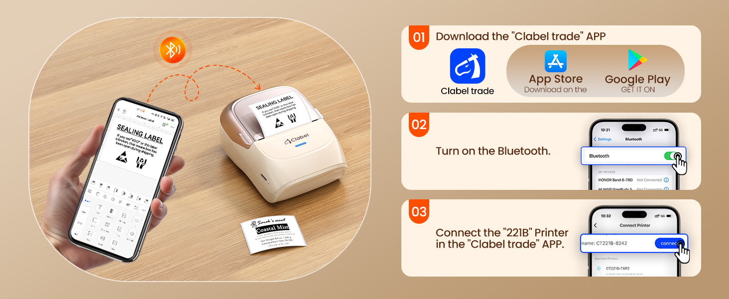 CLABEL 221B Wireless Thermal Label Printer Portable Sticker Maker Mini ...