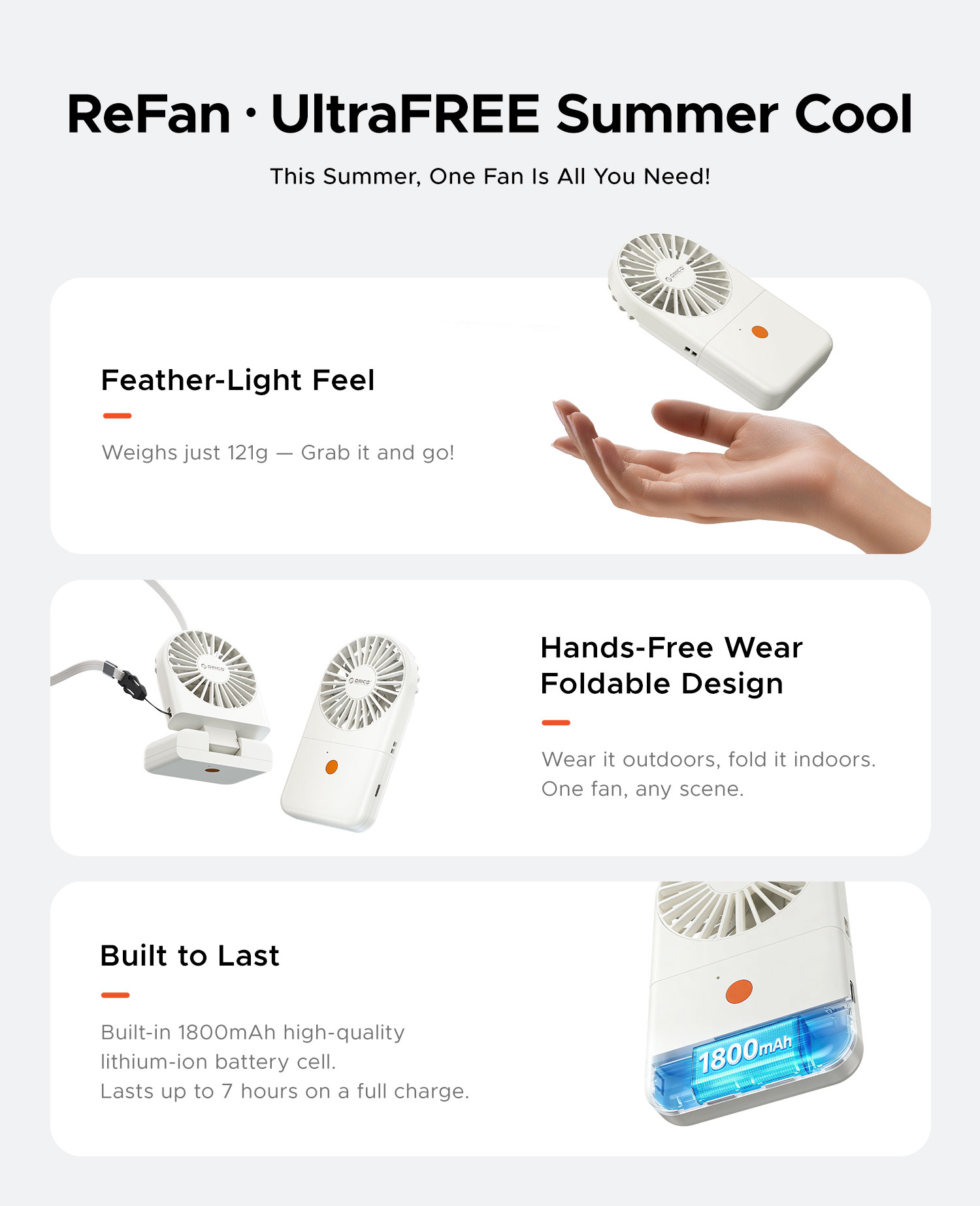 ORICO Rechargeable Foldable Fan Mini Portable Handheld Fan USB Charging ...
