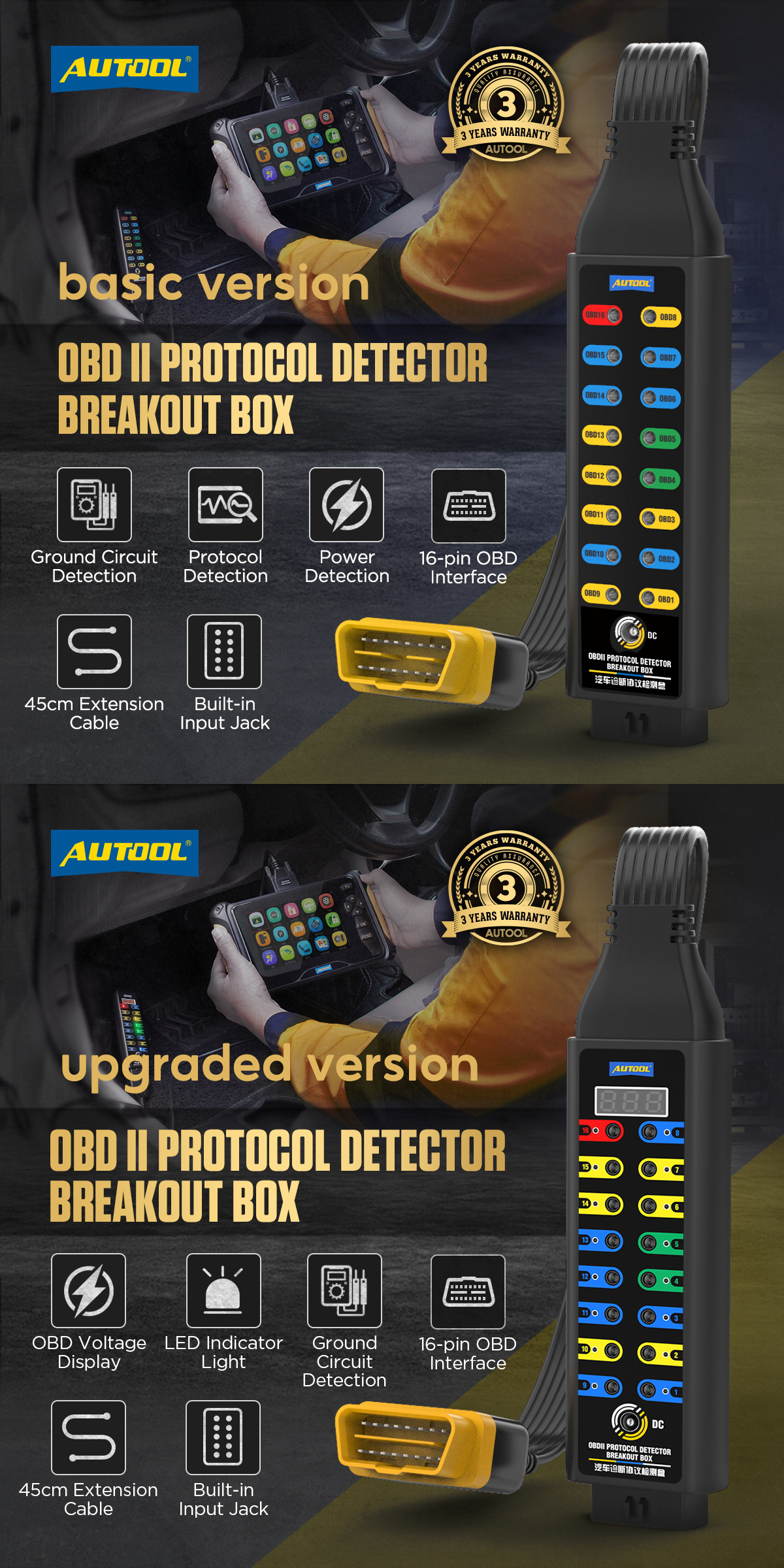 AUTOOL New Auto Break Out Box OBD II protocol detector and junction box ...