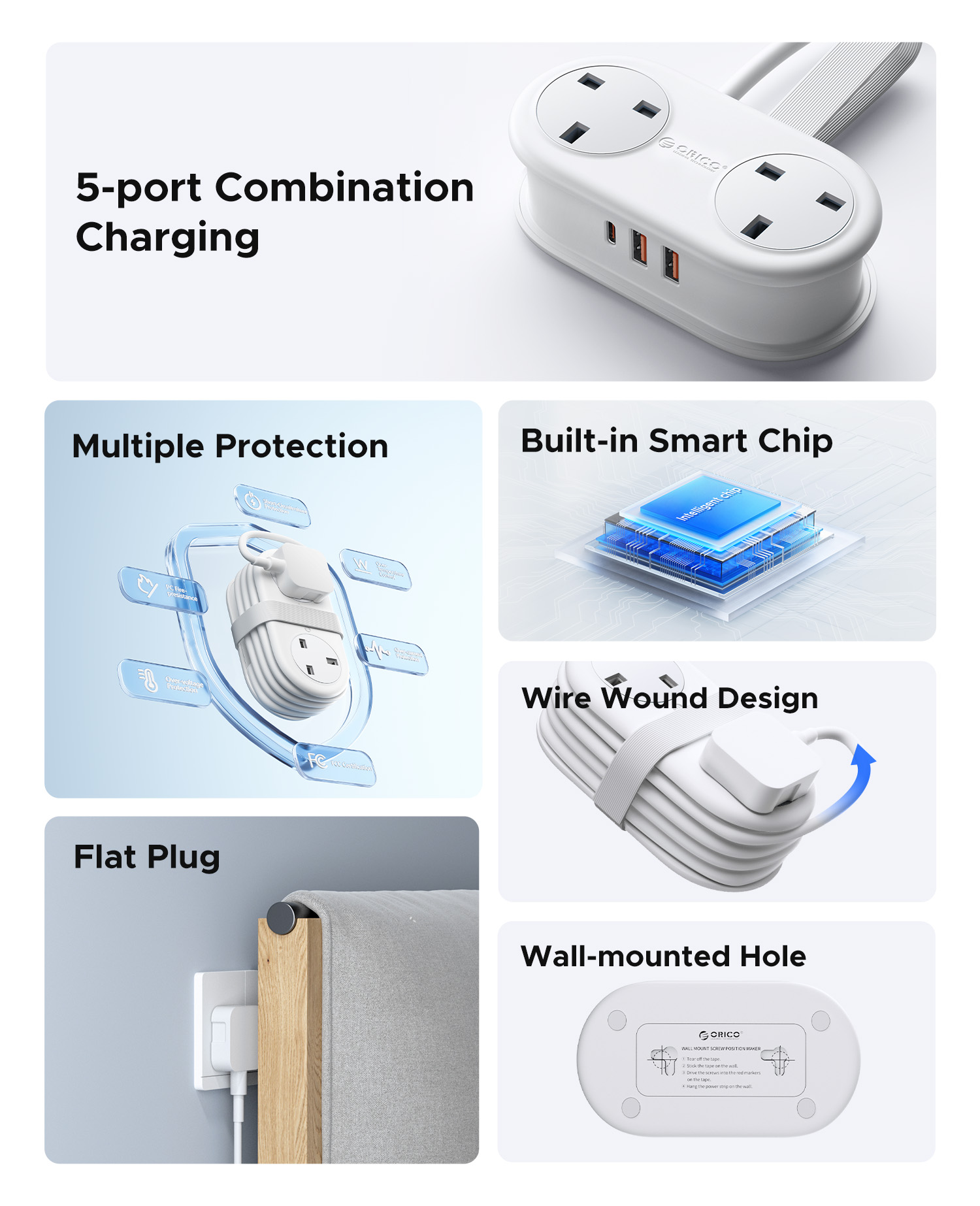 ORICO UK Plug 1.2M Extension Socket Travel Power Strip with 20W/15.5W ...