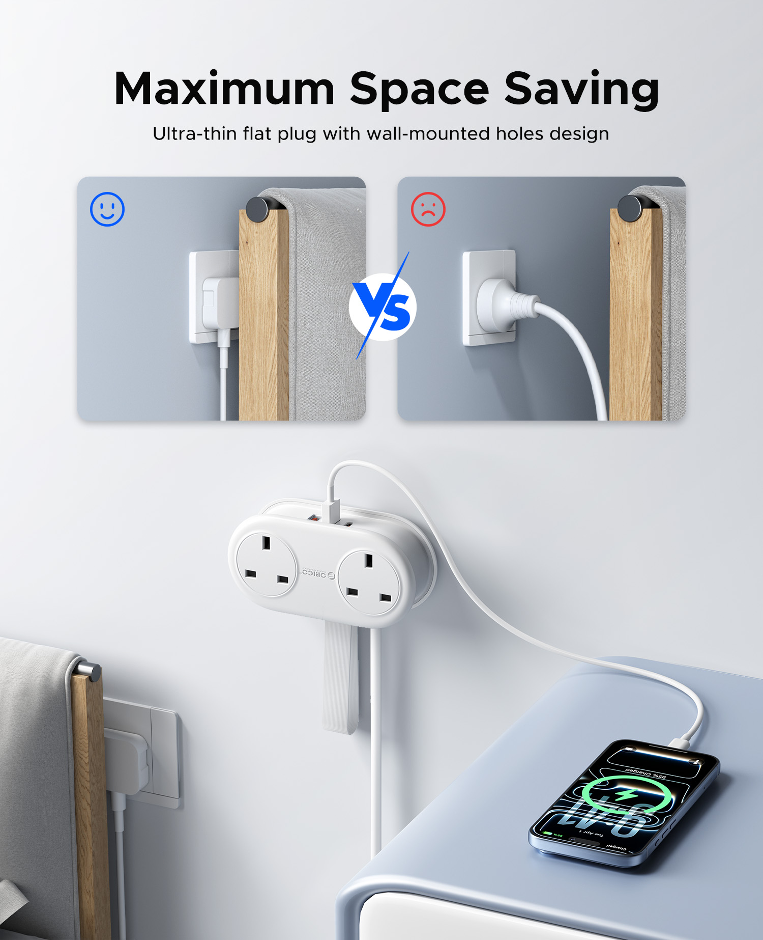 ORICO UK Plug 1.2M Extension Socket Travel Power Strip with 20W/15.5W ...