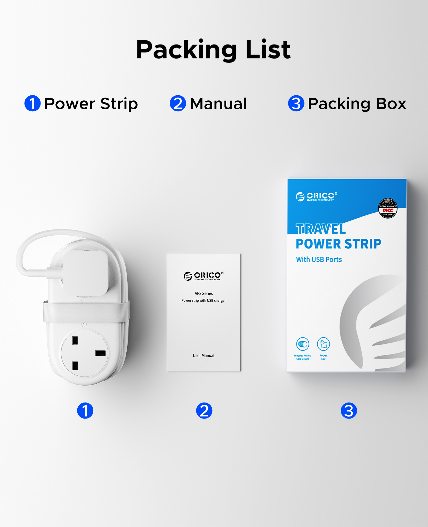 ORICO UK Plug 1.2M Extension Socket Travel Power Strip with 20W/15.5W ...