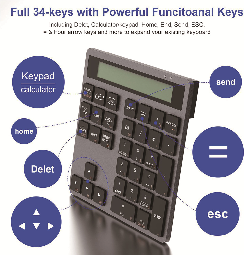Ergonomic Bluetooth Dual-Mode Wireless Numeric Keyboard with Integrated ...