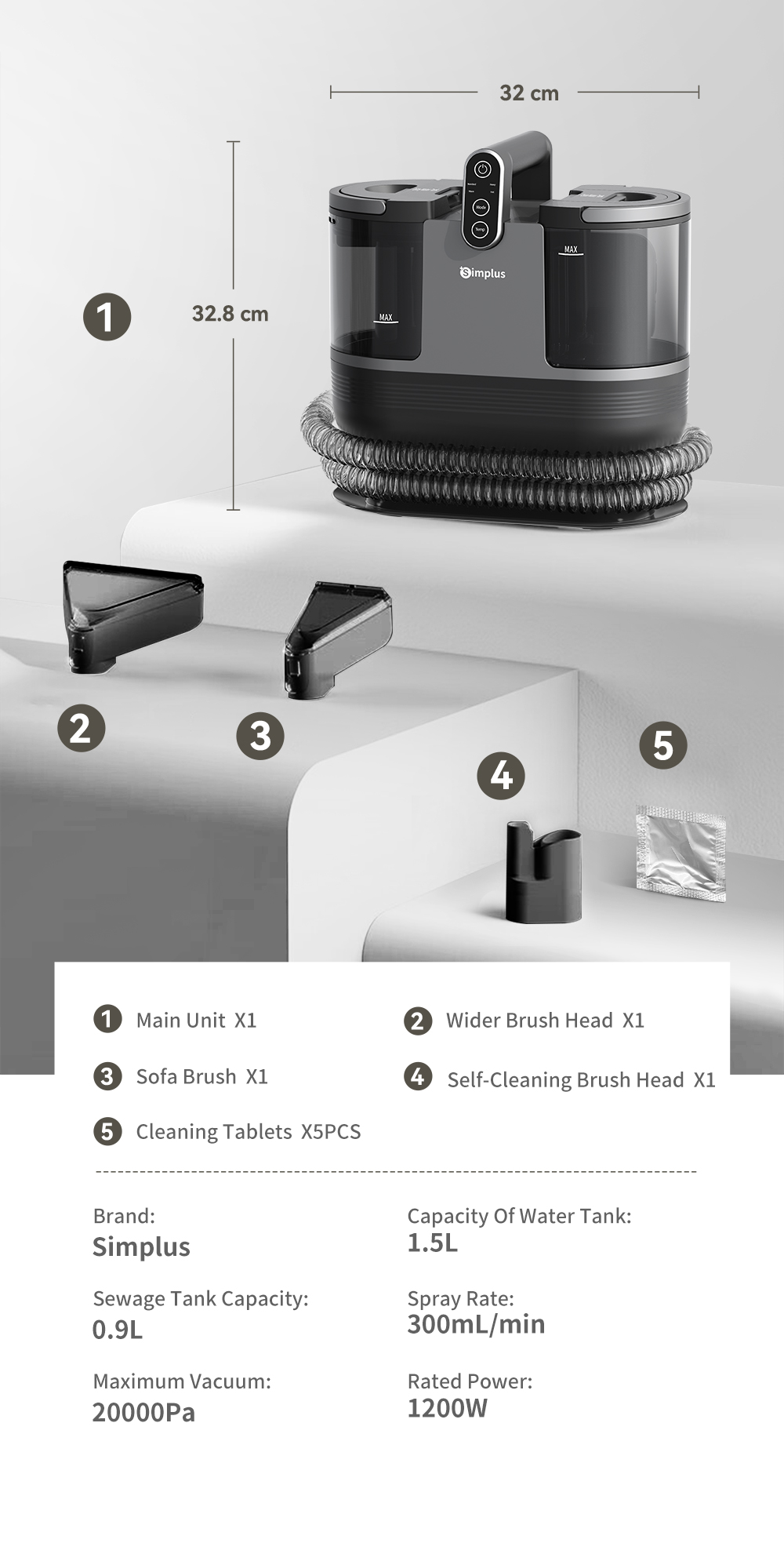 Simplus Spot & Fabric Cleaner | 20,000Pa Suction | 40℃/60℃ Hot Water ...