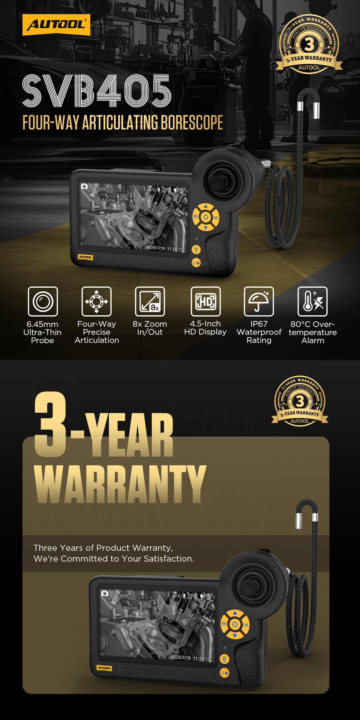 AUTOOL SVB405 Automotive Borescope 360° Articulating Endoscope Camera 6 ...
