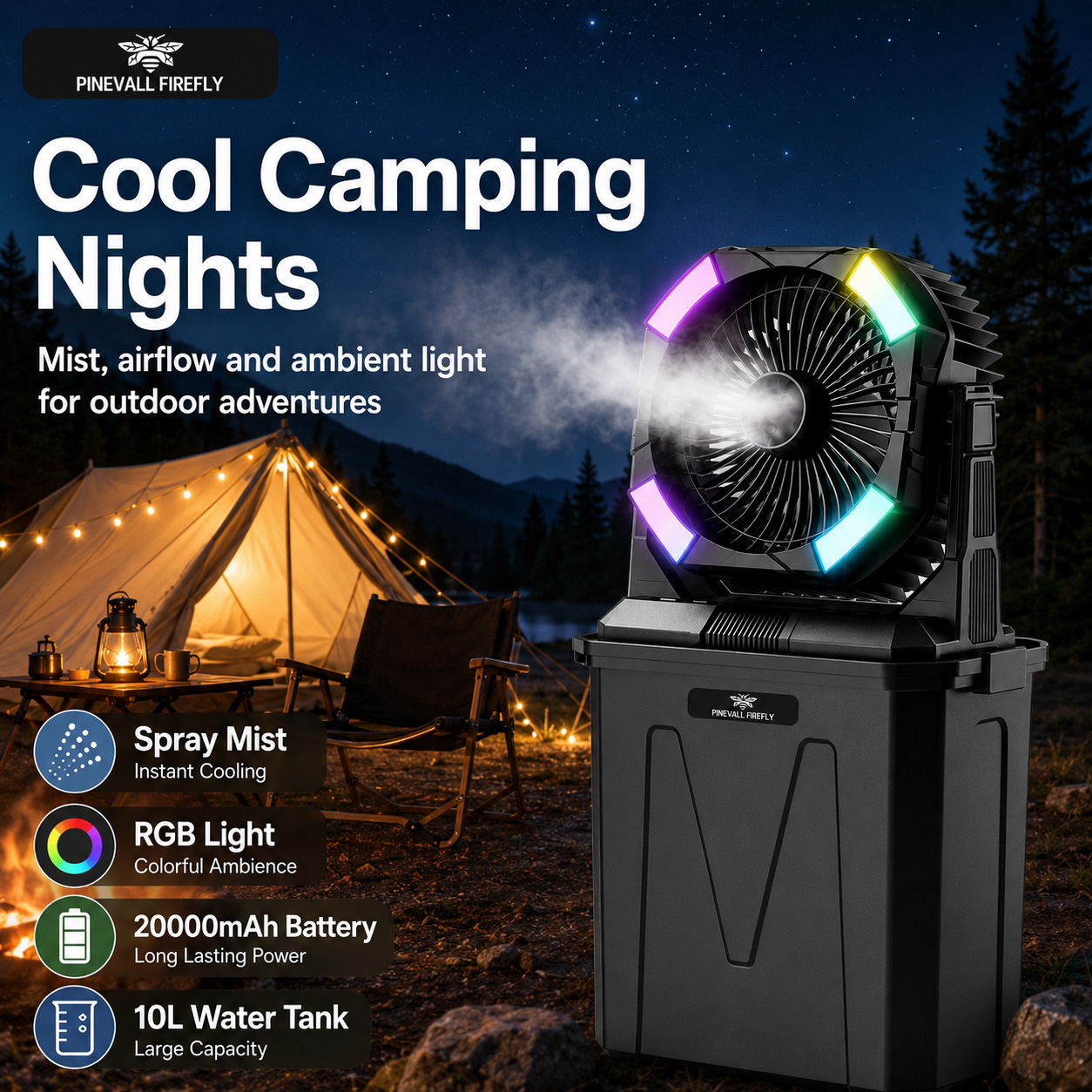 PINEVALL FIREFLY Camping mist fan 20000MAH portable cooling bucket fan ...