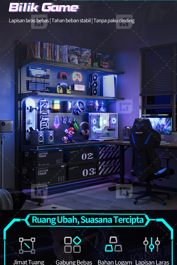 Standing Pegboard Gaming Room Setup Accessories Adjustable Book Shelf ...