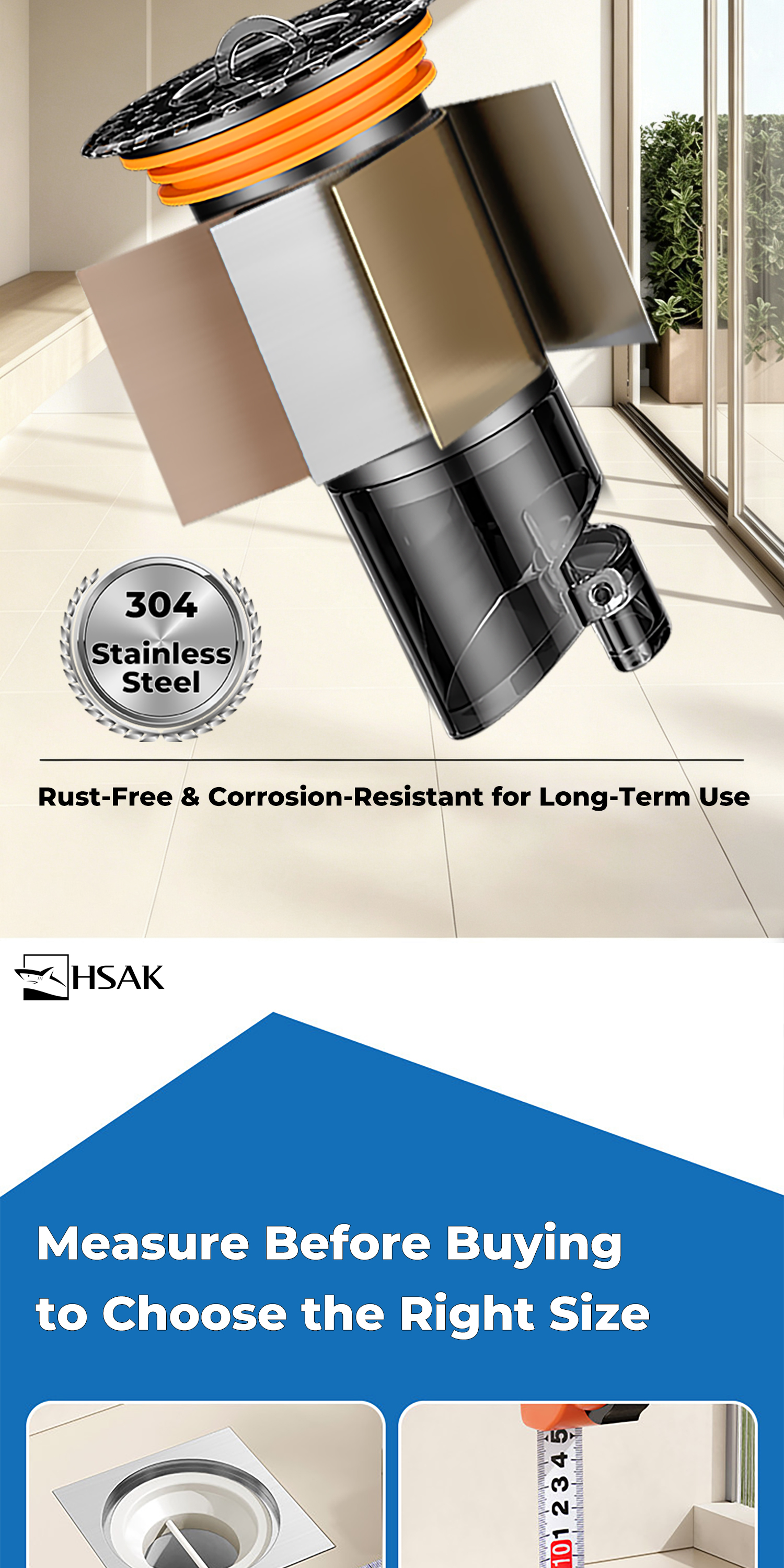 HSAK Stainless Steel Extended Floor Drain Cover Odor-Proof Floor Trap ...