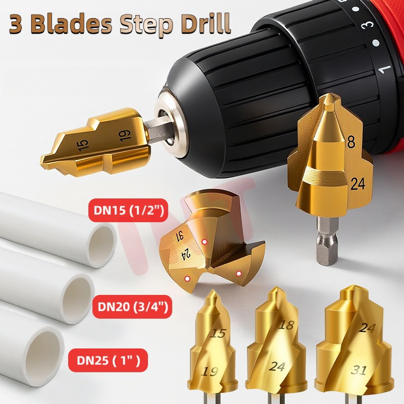 3 Blades Step Drill Bit for DN15/20/25 (1/2,3/4,1 inch) PPR PVC Water ...