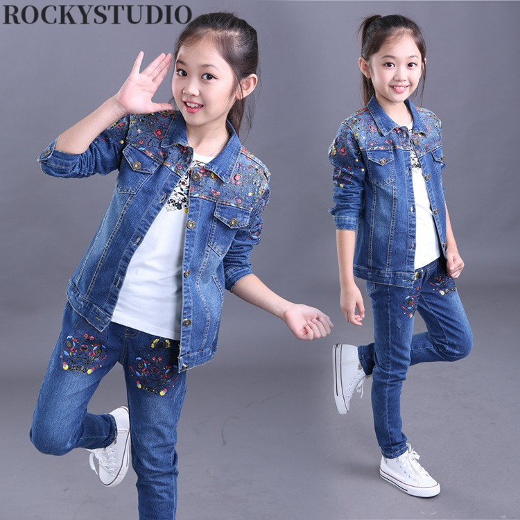 ROCKYSTUDIO 3 14Y Ready Stock Coat Jeans Shirt 3pcs Set Baby Girls Clothing Cotton Denim Shopee Malaysia