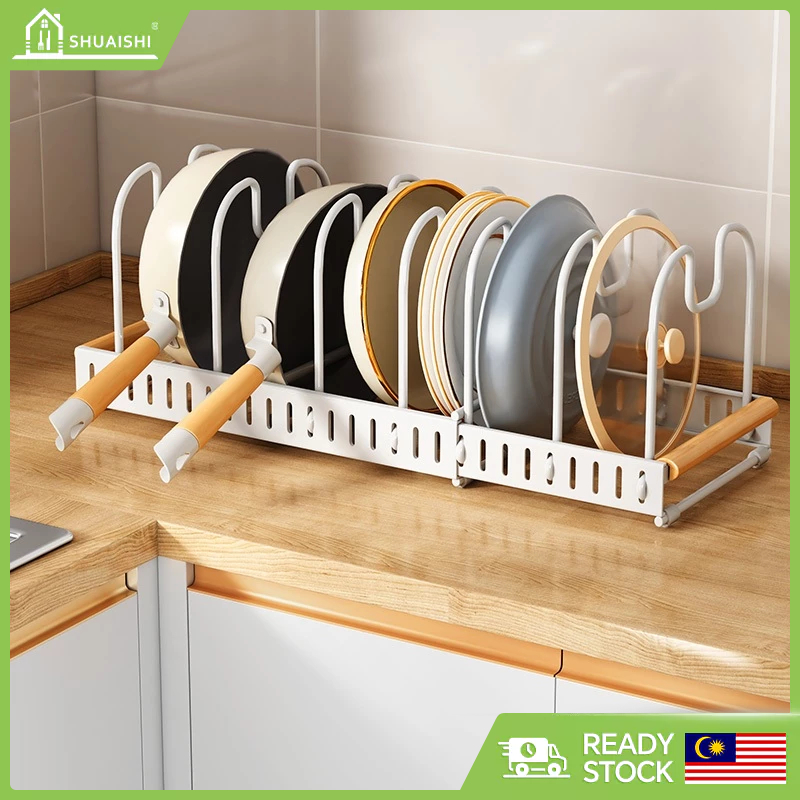 3157CM Wooden Handle Extendable Pan, Lids Holder Storage Rack