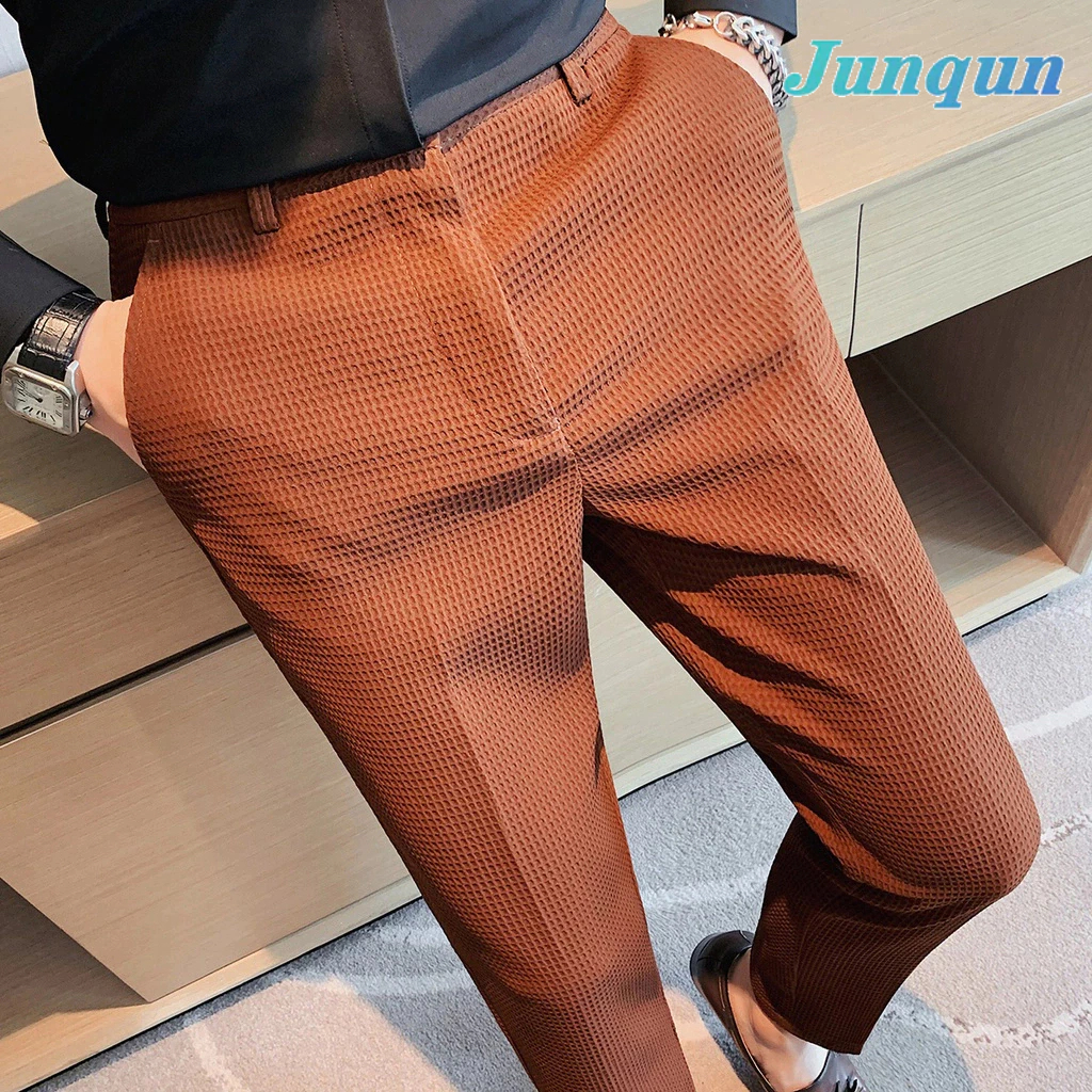 Junqun men's Hanban Hanban Hanfu grid suit pants, elastic waist, no