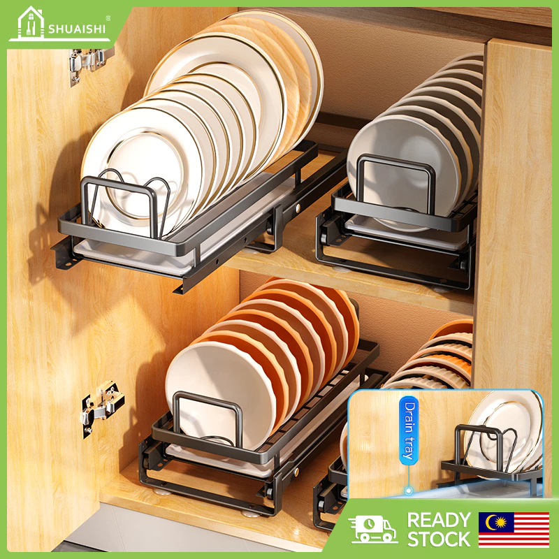 Pull Out Dish Rack Steel Bowl Drainer Basket Plate Holder