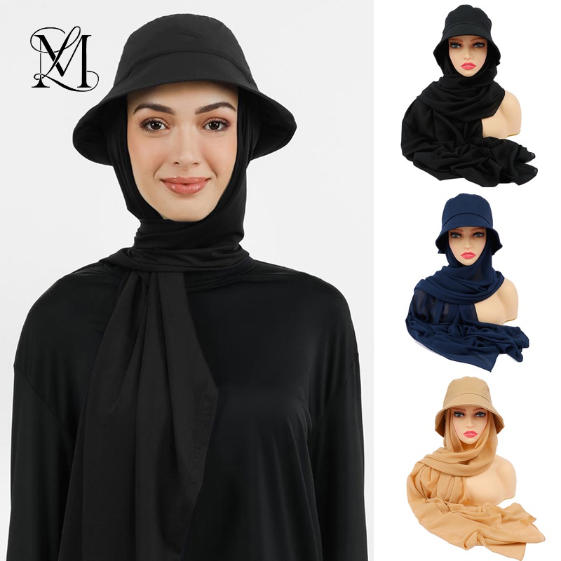 Musilm Women Chiffon Hijab With Bucket Hat Cap Summer Fisherman Caps with  Chiffon HIjabs Ready To Wear Instant Chiffon HIjabs