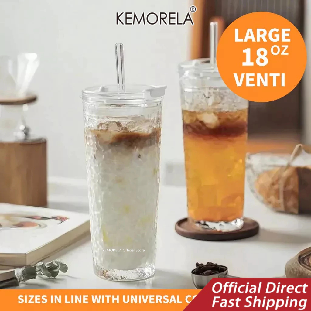 KEMORELA Glass Tumblers with Lids and Straws – Set of 2, 18oz Premium ...