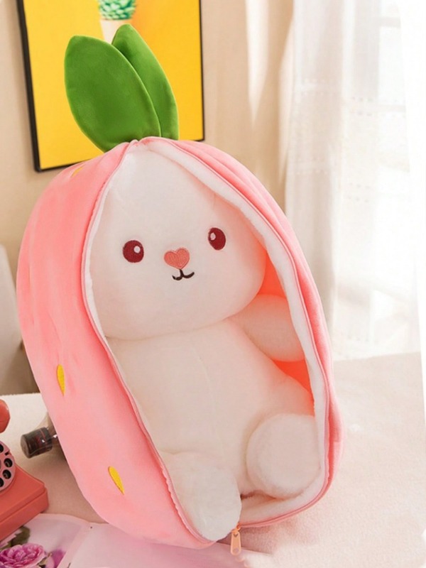 2 in 1 Cute Strawberry Rabbit Reversible Plush Toy Cute Bunny Long Ear ...