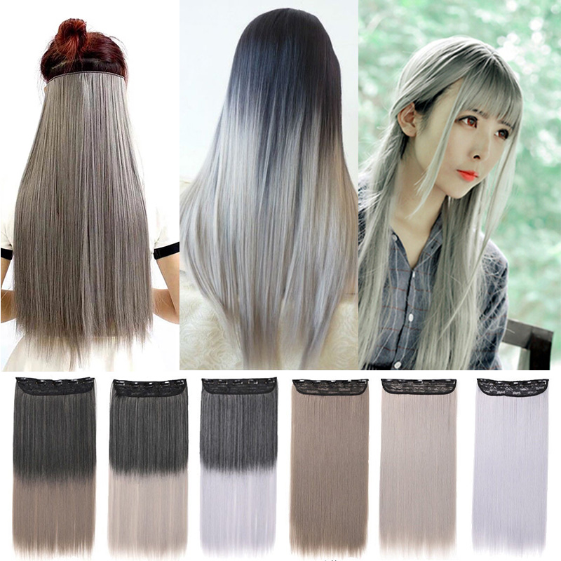 Ombre Gray Clip Hair Extensions Synthetic Straight Hairpiece Clip