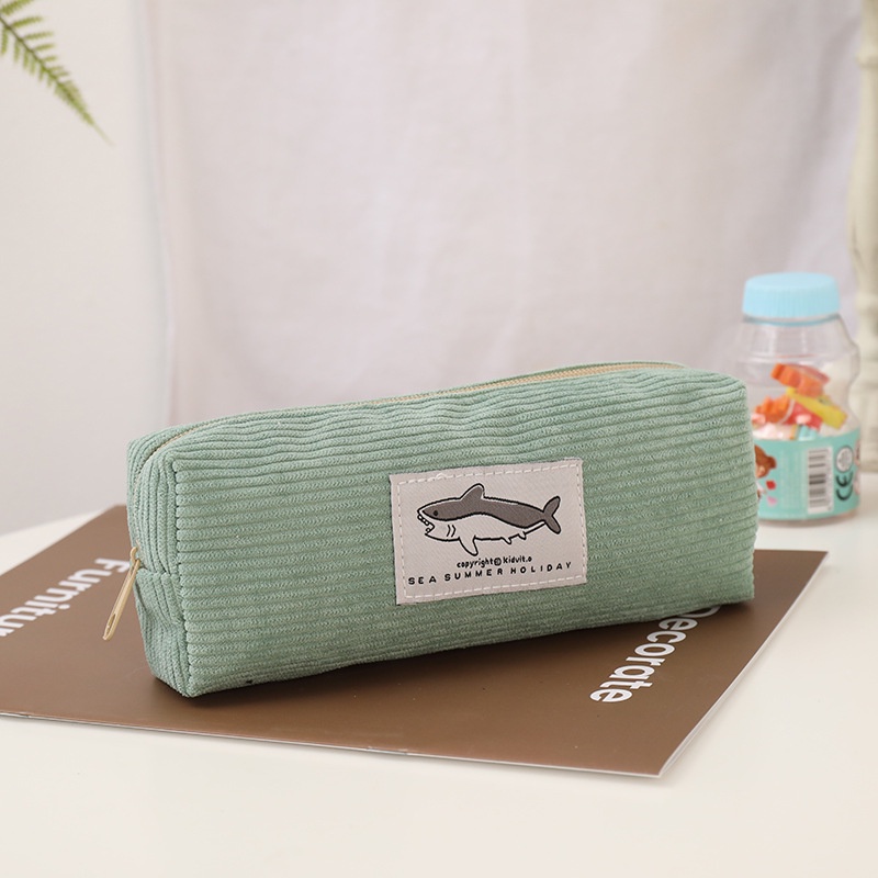 Korean Cute Shark Corduroy Penci Bag Large Capacity Dirty Pencil Case