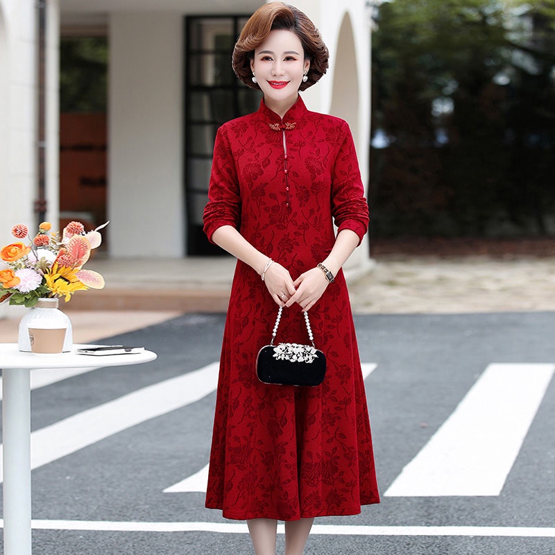 喜婆婆婚宴装旗袍40到50岁连衣裙中年女妈妈春秋结婚礼服气质裙子Grandma Xi's Wedding Banquet Dress