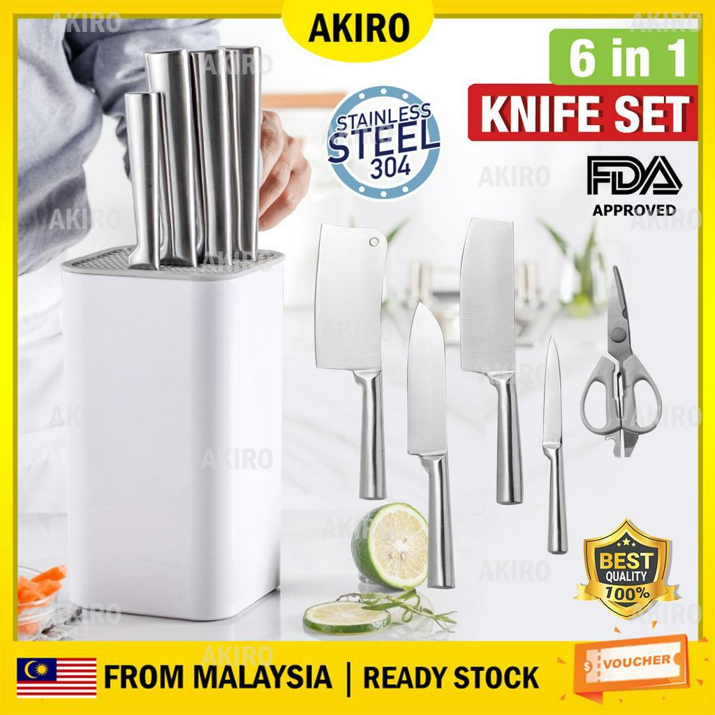 AKIRO 6pcs 304 Stainless Steel Knives + Kitchen Knife Block Holder ...