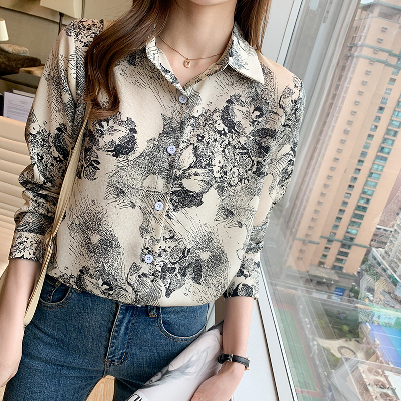 Satin Silky chiffon shirt female 2021 spring new ink print long sleeve ...