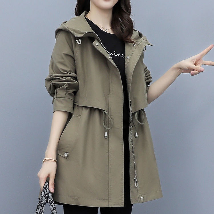 Long Womens Trench Coat with Hood Adjustable Waist and Zip Front