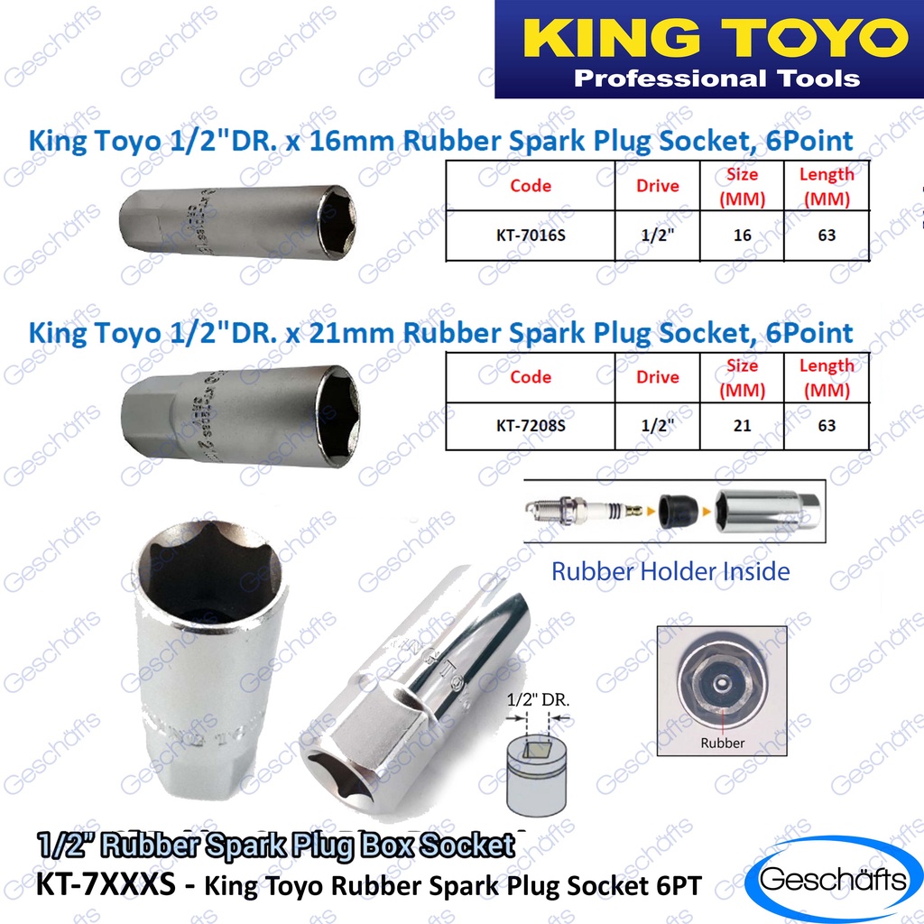 King Toyo 1/2" Dr 16mm / 21MM Rubber Spark Plug Socket, 6Point