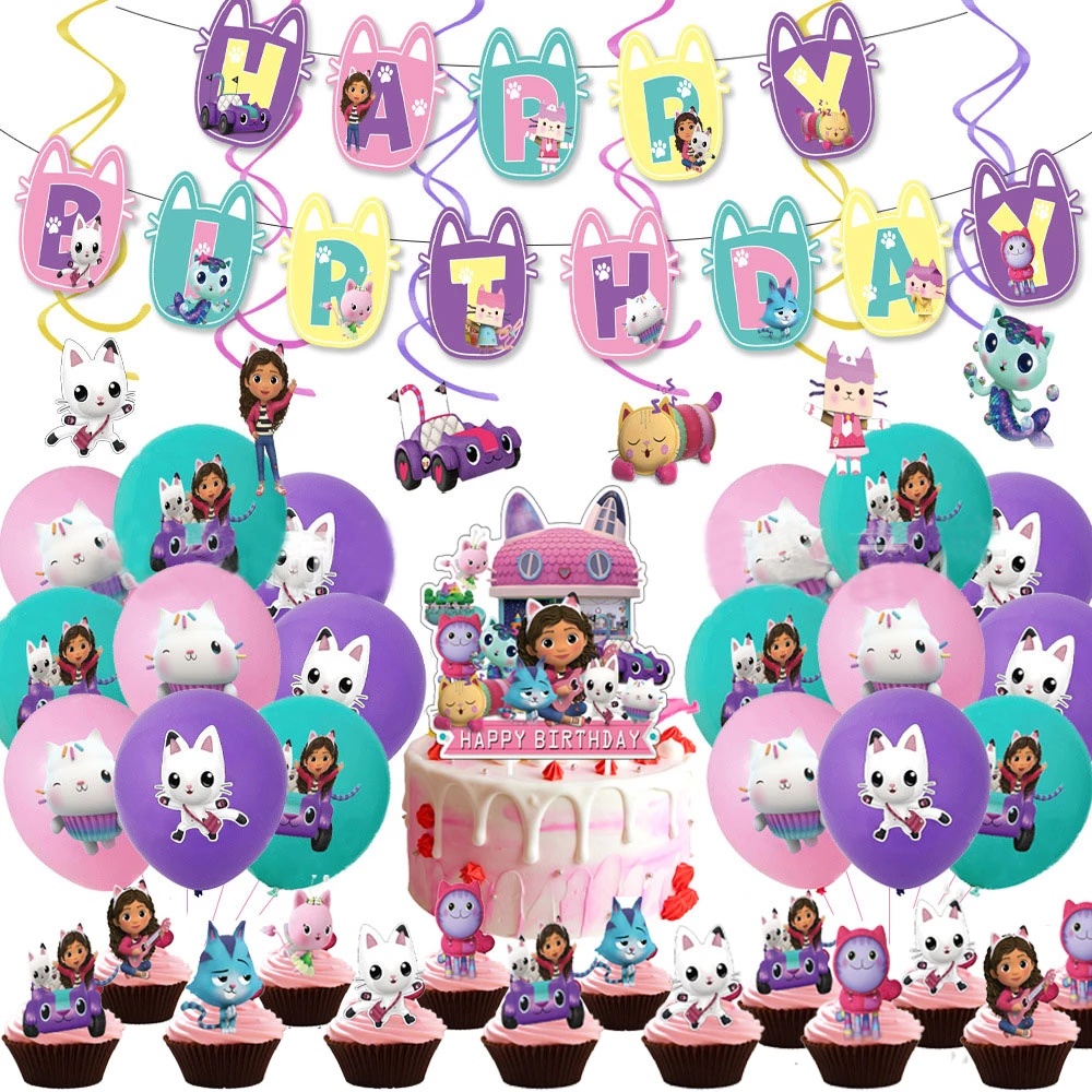 1set Gabbys Dollhouse Birthday Party Decoration Balloons Banner Cake