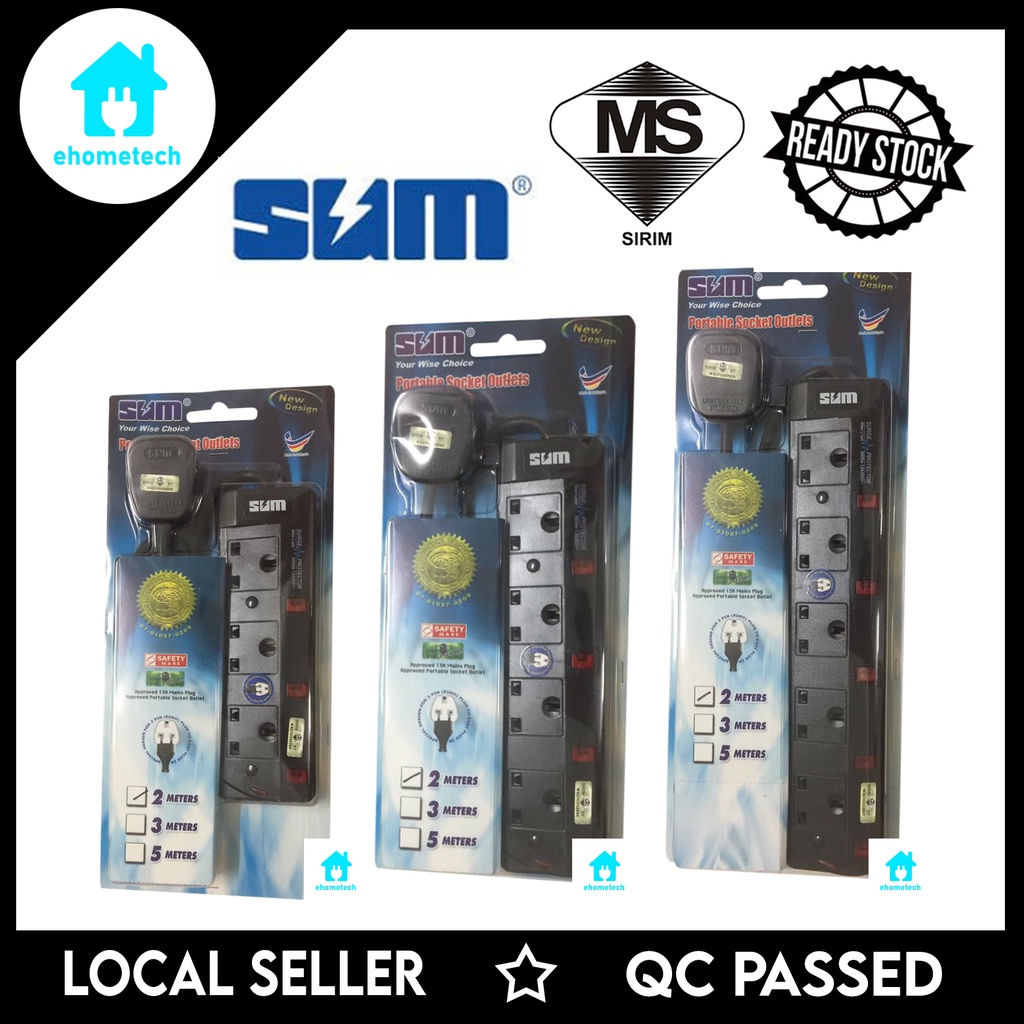 SUM Portable Socket Outlet Sirim (2 Meter 3 Gang / 2 Meter 4 Gang / 2 ...