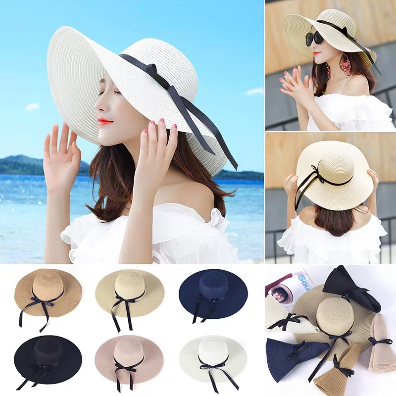 Summer Straw Hat Women Big Wide Brim Beach Hat Sun Hat Foldable Sun Block UV  Protection Panama Hat