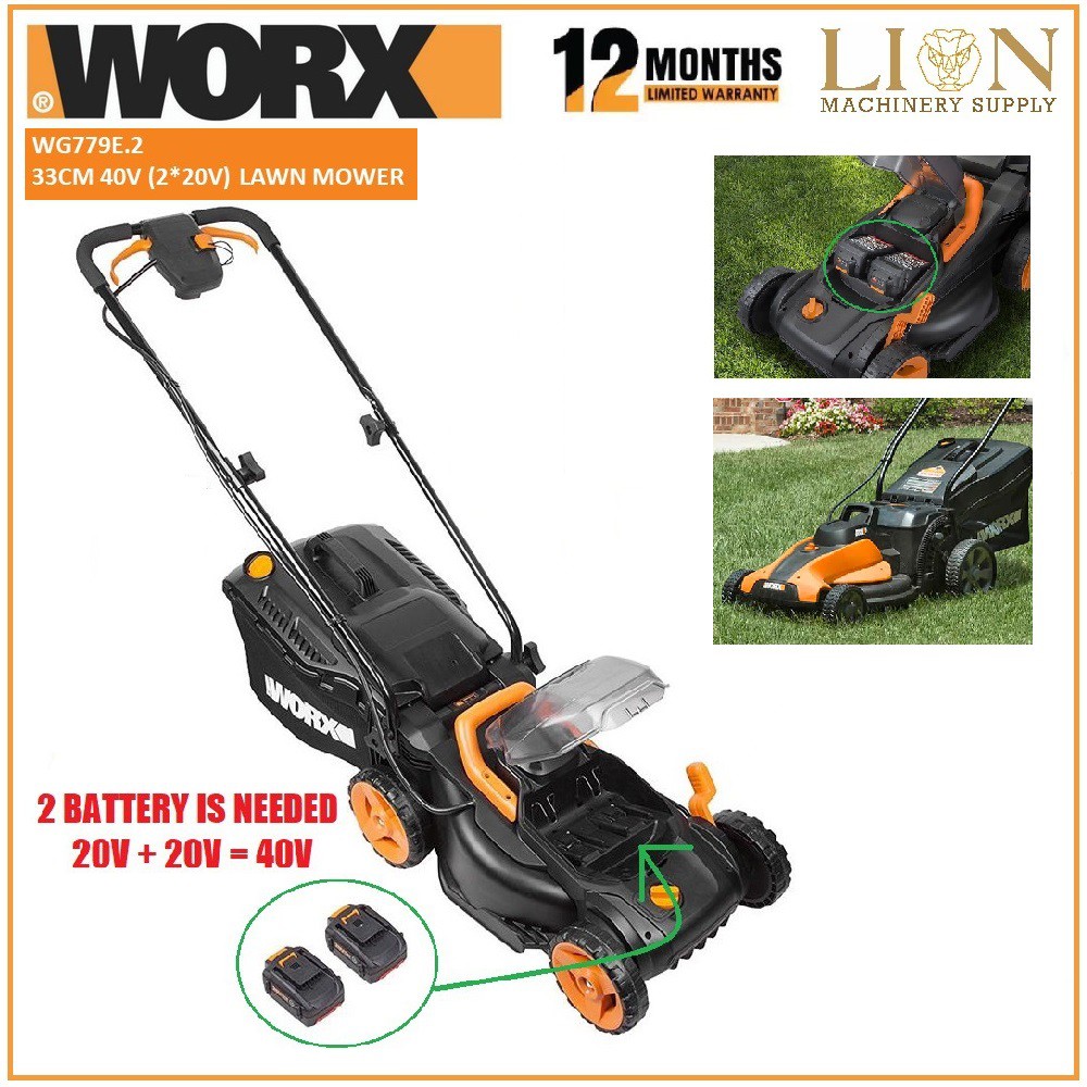 WORX WG779E.2 40V (2 x 2.0Ah) Max Lithium-Ion 33cm Cordless Lawn Mower ...