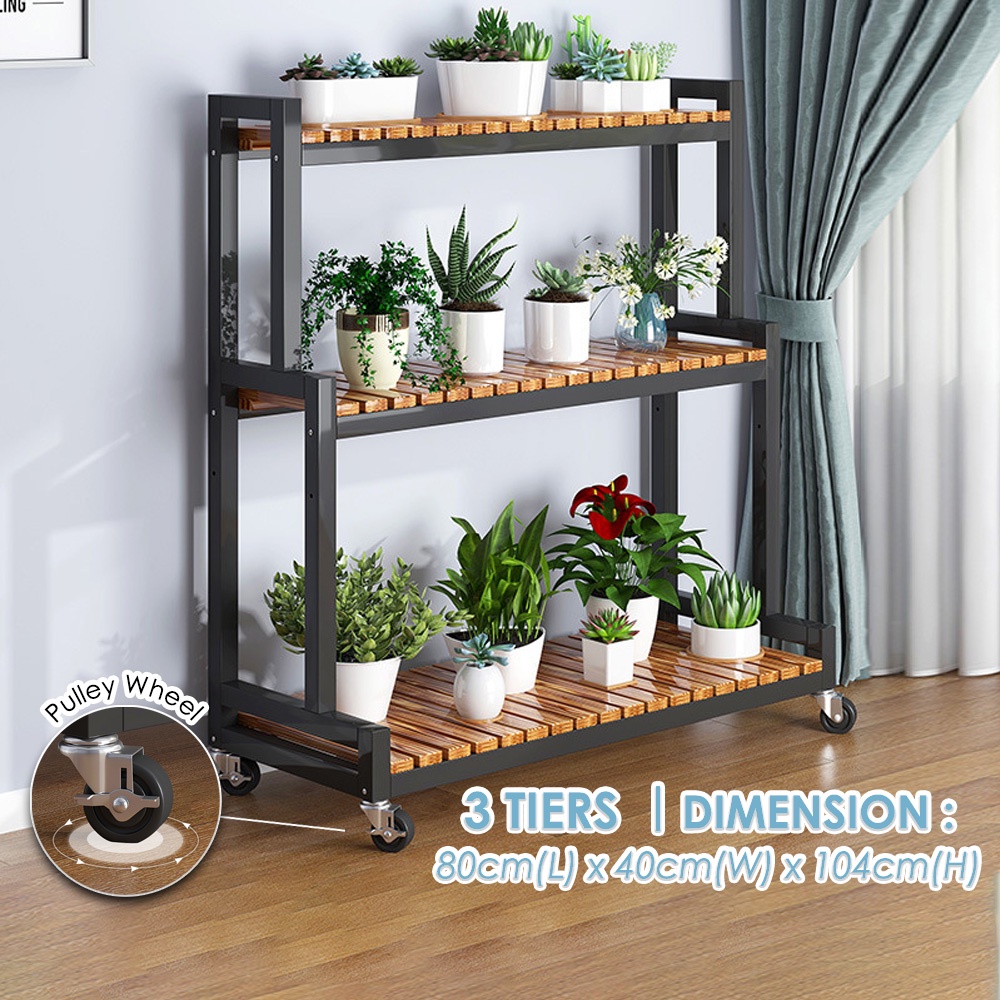 Pot Rack 019 with Wheels Steel Frame Carbonized Wooden Board Adjustable ...
