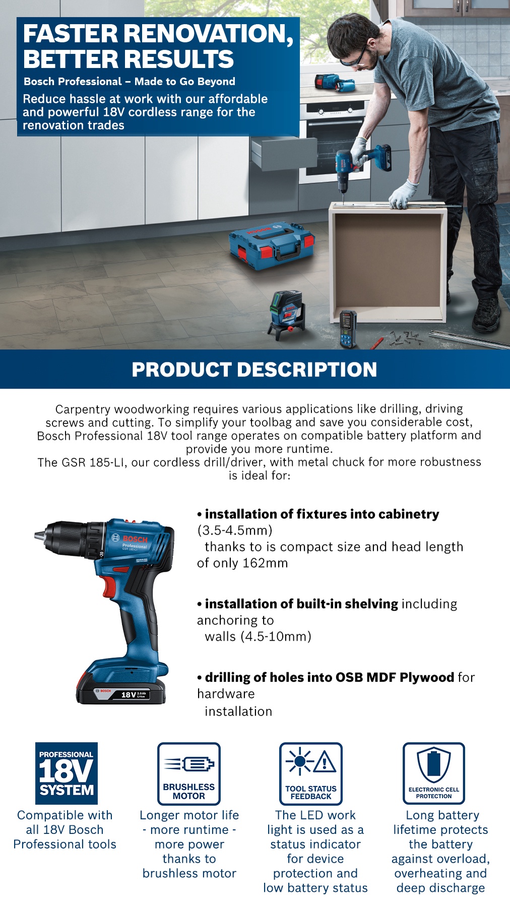 BOSCH GSR 185-LI Brushless Cordless Drill Driver With Battery ...