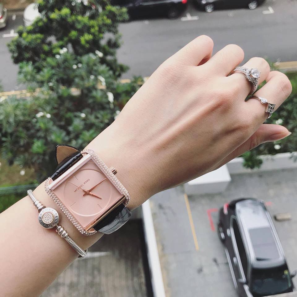 Michael Kors Women s Lake Rose Gold Glitz Black Leather Watch MK2611 Shopee Malaysia