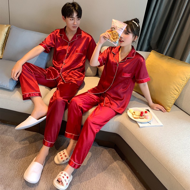 Short sleeved trousers for men and women satin pajamas voluminous V neck sexy dress for couples at home Shopee Malaysia