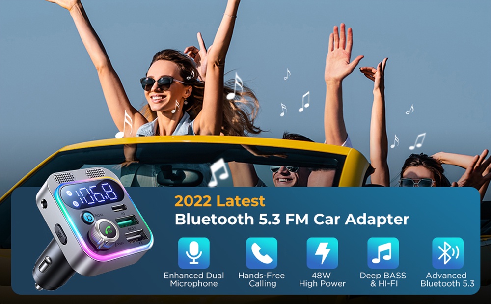Joyroom 48W Bluetooth 5.3 FM Car Transmitter Bass & HiFi Stereo Bluetooth  Adapter Auto Hands-Free Bluetooth Car Adapter - AliExpress