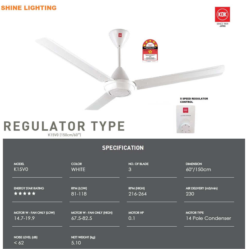 KDK K15VO REGULATOR(MANUAL) CEILING FAN 60" BEST BUY!!! (WHITE