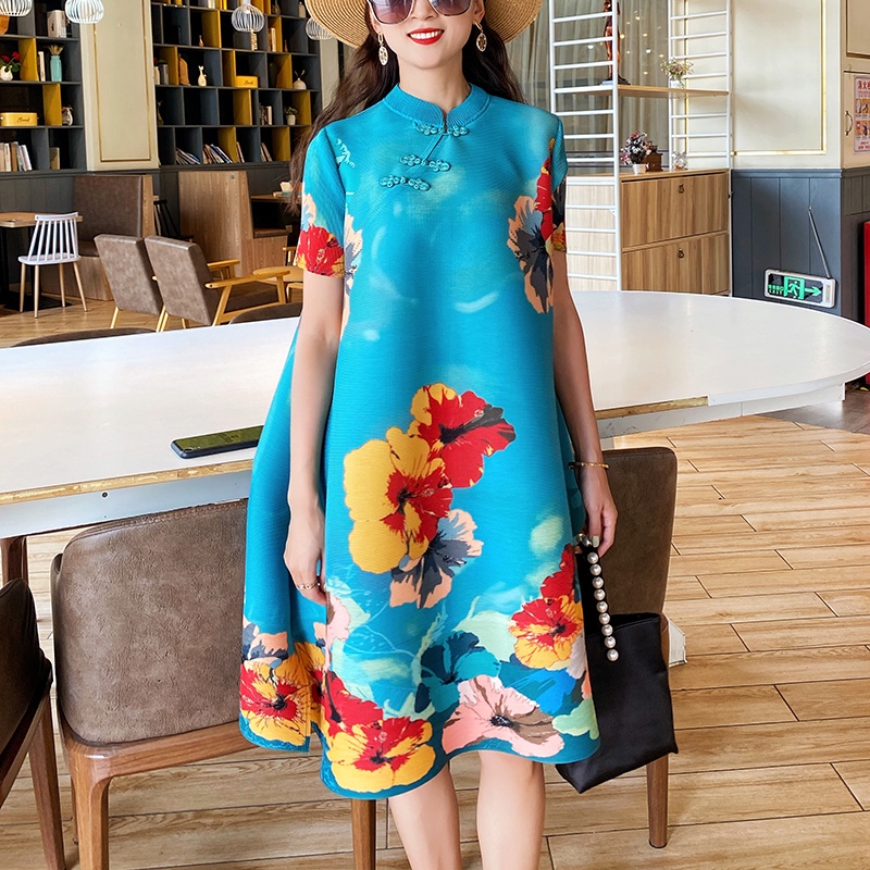 Improved Cheongsam Retro Loose Black Stand-Up Collar Buckle Dress