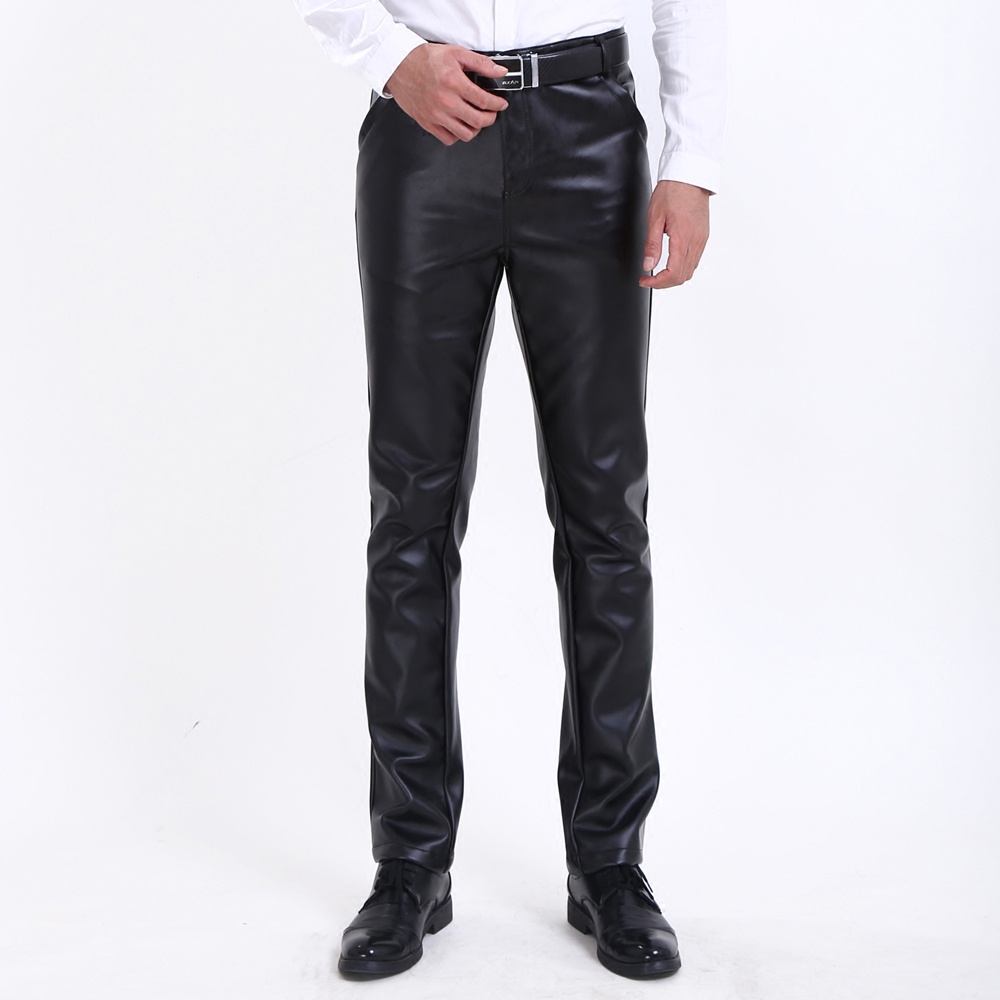 Thoshine Brand Men Leather Pants Thin Elastic Pu Leather Casual