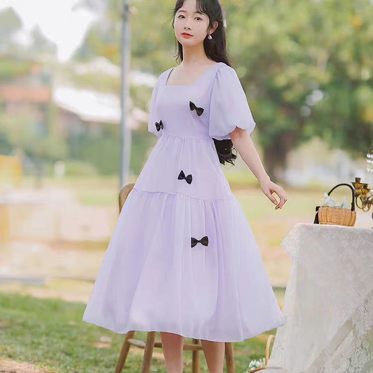 Feminine elegant korean style calf length dress