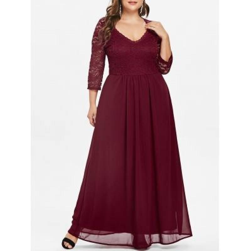 Plus Size Sweetheart Neck Lace Panel Maxi Dress (RED WINE) | Shopee ...
