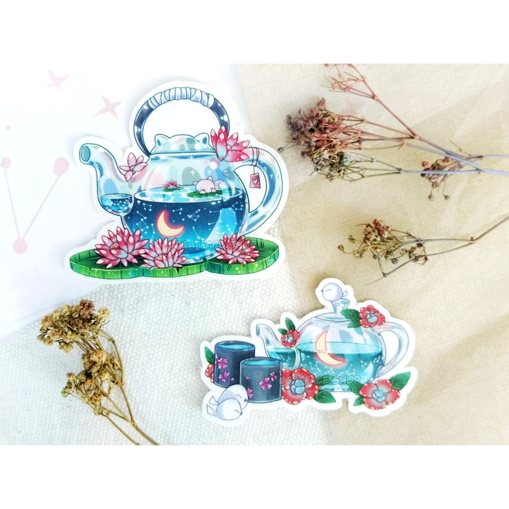Cute Glass Teapot Sticker | Green tea Bird and Lotus Cat | Shopee Malaysia