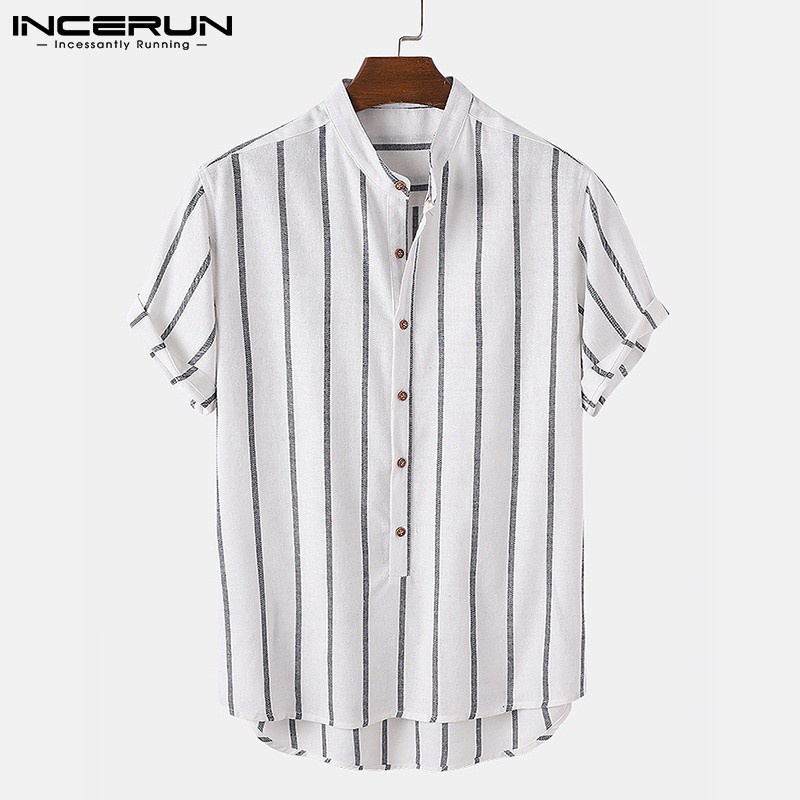INCERUN Mens Fashion Striped Short Sleeve Collarless Buttons Down ...
