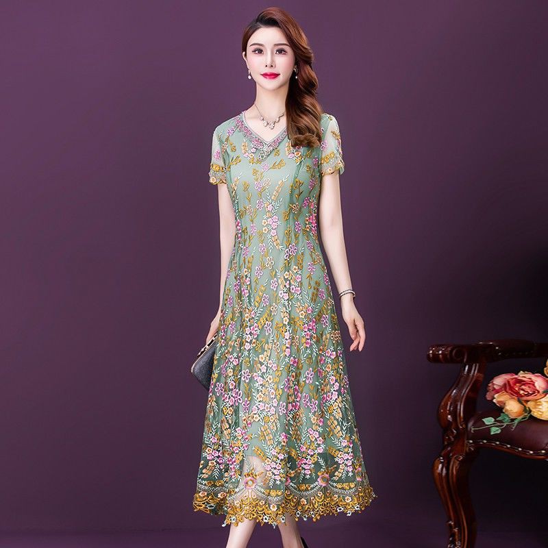 Embroidery Floral Long Dress Summer A Line Elegant High-end Fashion ...