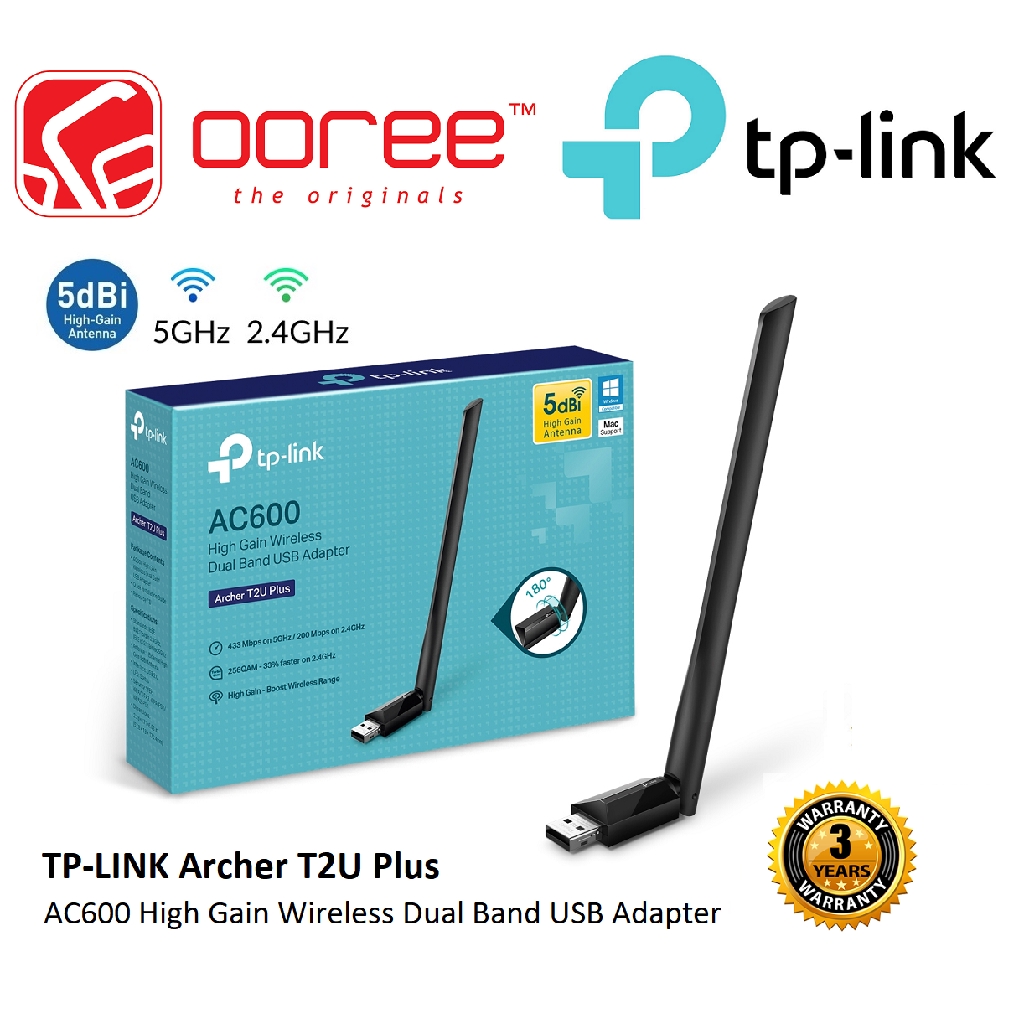 TP-LINK ARCHER T2U PLUS AC600 HIGH GAIN WIRELESS DUAL BAND USB ADAPTER WITH  5DBI HIGH GAIN ANTENNA AND HIGH SPEED WI-FI