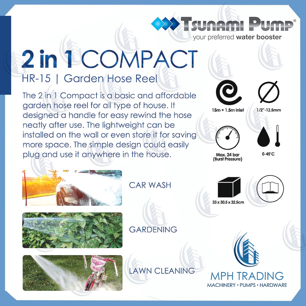 Tsunami Pump HR15 Compact 2 In 1 Garden Hose Reel 15m Free Standing & Wall  Mounted Hos Air Kekili