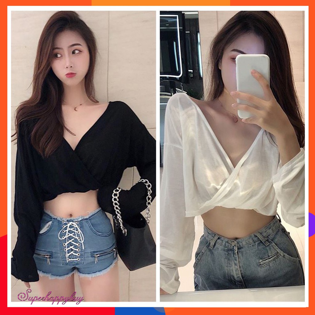 Crop Tops for Women Sexy Casual V Neck Long  