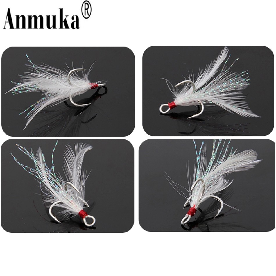 Anmuka Fishing Hooks Treble With Feather For Minnow Fish Lures